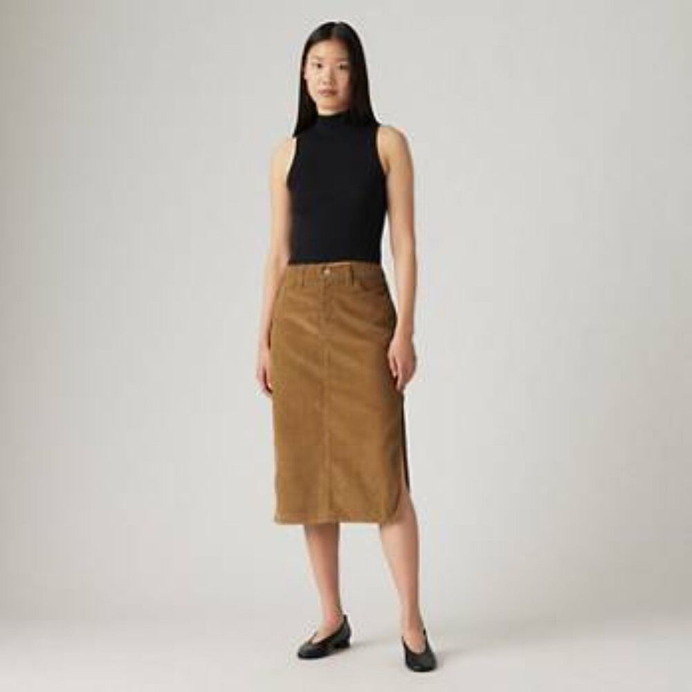 Brown Levi's Corduroy Side Slit Button Fly Pencil Midi Skirt (NWT)